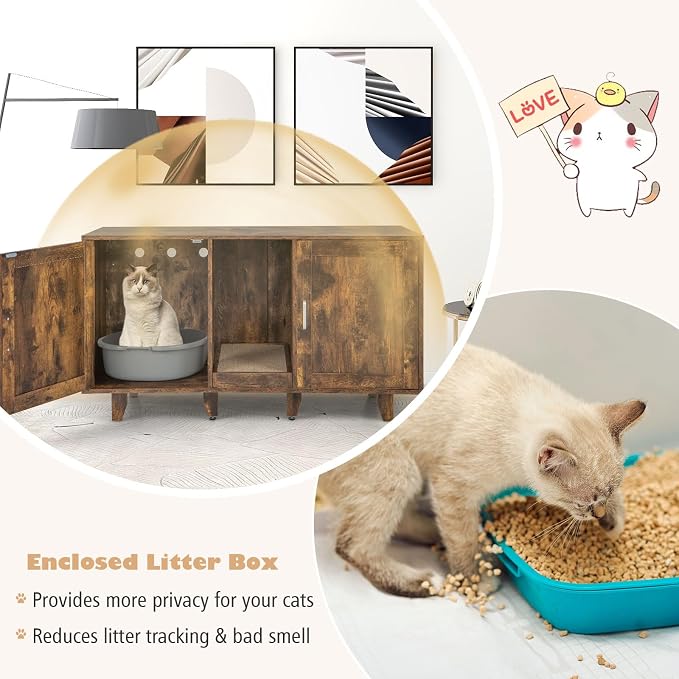 Tangkula Patented Double Cat Litter Box Enclosure for 2 Cats, Large Stackable Hidden Privacy Cat Washroom Cabinet with Scratching Board, Indoor Cat House TV Stand, Litter Box Furniture (Rustic Brown) - Image 6