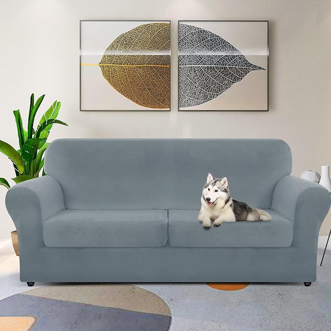 ZNSAYOTX Oversized Velvet 3 Piece Couch Cover with 2 Extra Large Seat Cushion Covers Stretch Sofa Cover for 2 Cushion Couch Thick Soft Loveseat Sofa Slipcover (Light Grey),72"-92"(2 Cushions) - Image 2