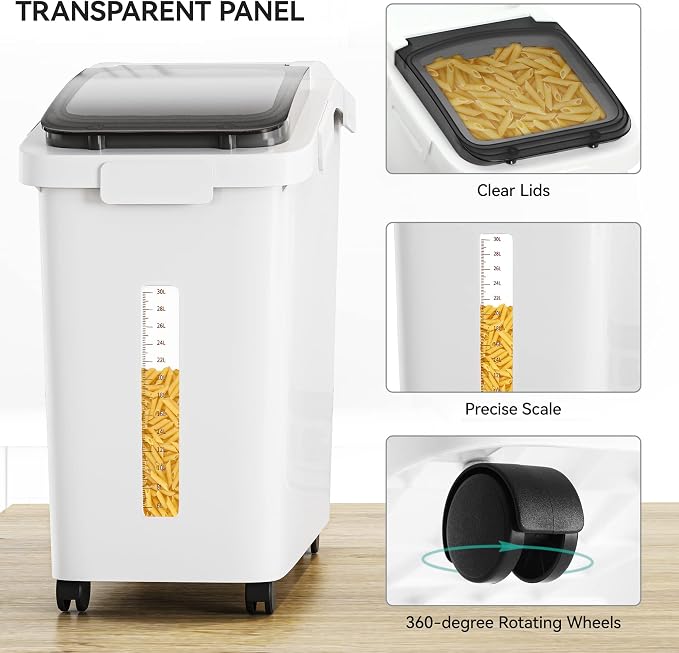 YITAHOME 50L/90lb Large Ingredient Flour Storage Bin, Commercial 11.4-Gallon Rice Storage Container 280 Cups Bulk Flour storage Bins with Wheels,Scoop,Lid and scale, Rice Bin for Kitchen, White - Image 3