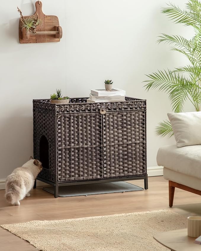SETVSON Cat Litter Box Enclosure Furniture with Divider, Cat Cabinet, Brown | Handwoven PE Rattan with Soft Litter Mat, 3.54-In Heightened Metal Feet, Spacious & Comfortable, 31.2 x 19.6 x 24.2 In - Image 2