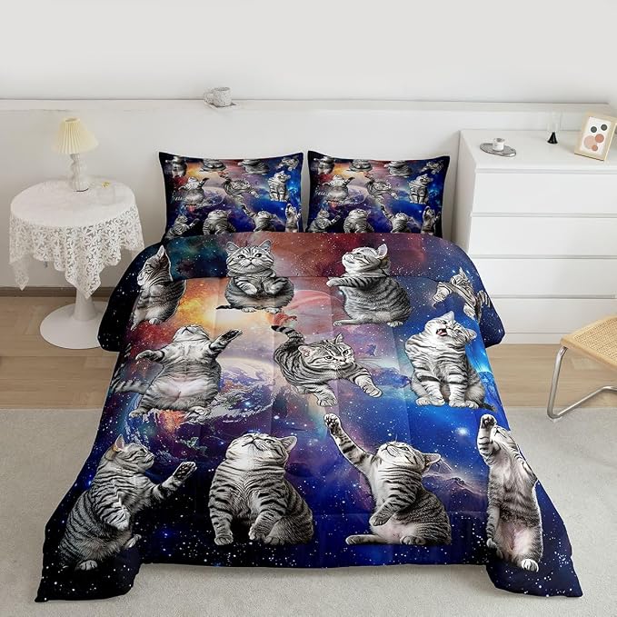 Feelyou Cute Cat Comforter Set Galaxy Cats Pattern Bedding Set for Kids Boys Girls 3D Animal Outer Space Comforter Feline Animal Grey Blue Decor Quilt Set Bedroom Collection 2Pcs Twin Size by Feelyou