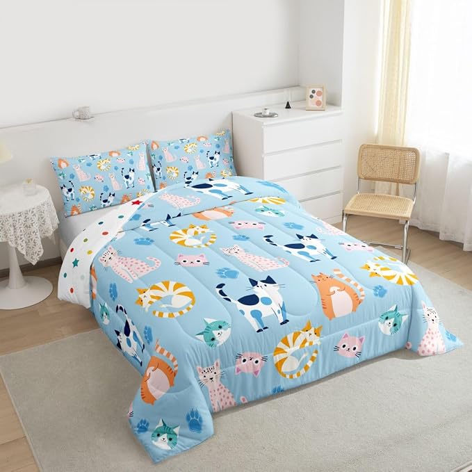 Feelyou Queen Size Cute Colorful Cat Bedding for Kids Teen Girls Room Decor Cat Comforter Set Kawaii Blue Pink Kitten Quilt Feline Paw Bed Sets Ultra Soft Microfiber with 3 Piece - Image 5