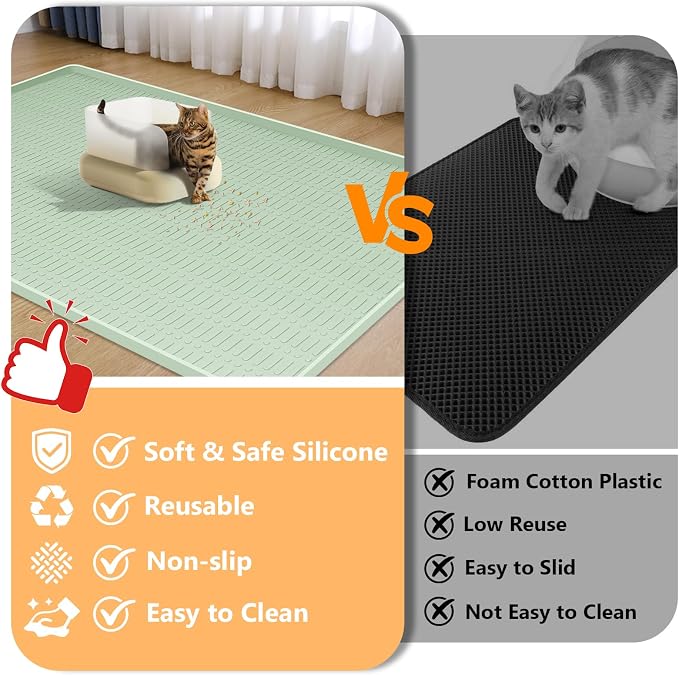 Silicone Cat Litter Mat 47" x 35" Cat Mat for Litter Box, Green | Extra Large Cat Litter Trapping Mat for Floor, Waterproof, Non-Slip Kitty Litter Box Mat with Raised Edge, Easy to Clean - Image 3