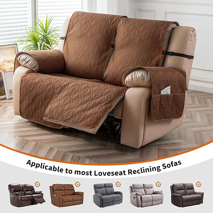 Genina Waterproof Loveseat Recliner Cover Non-Slip, Sofa Cover for Reclining Couch 2 Seat, Washable Couch Cover Loveseat Furniture Protector Cover for Pets Dogs Kids (Brown, Recliner Loveseat) - Image 3