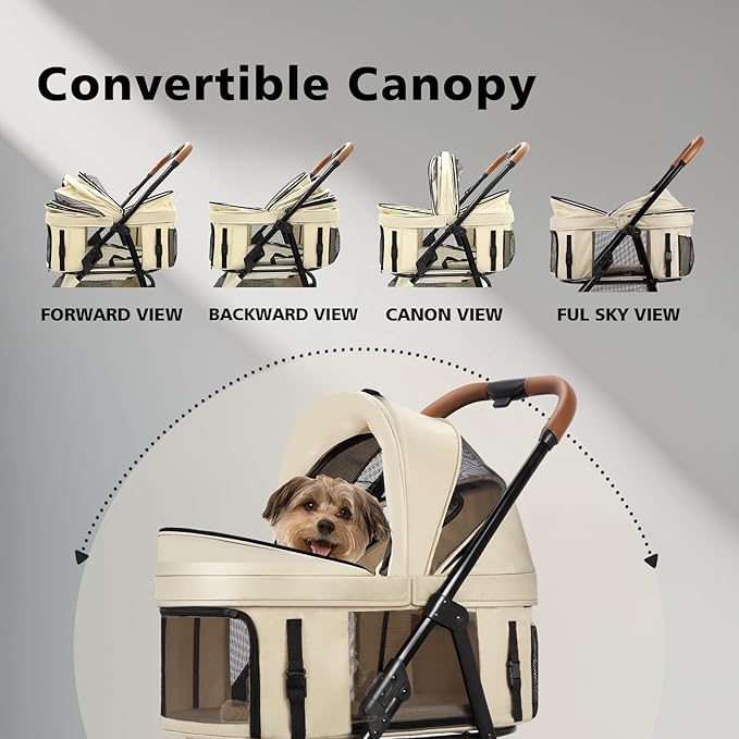 4 Wheels Pet Stroller for Small/Medium Dogs and Cats,Dog Stroller with Detachable Carrier and Storage Basket,One Click Folding, Compact Portable,Up to 50lbs,3 in1 Multifunctional(Grey)