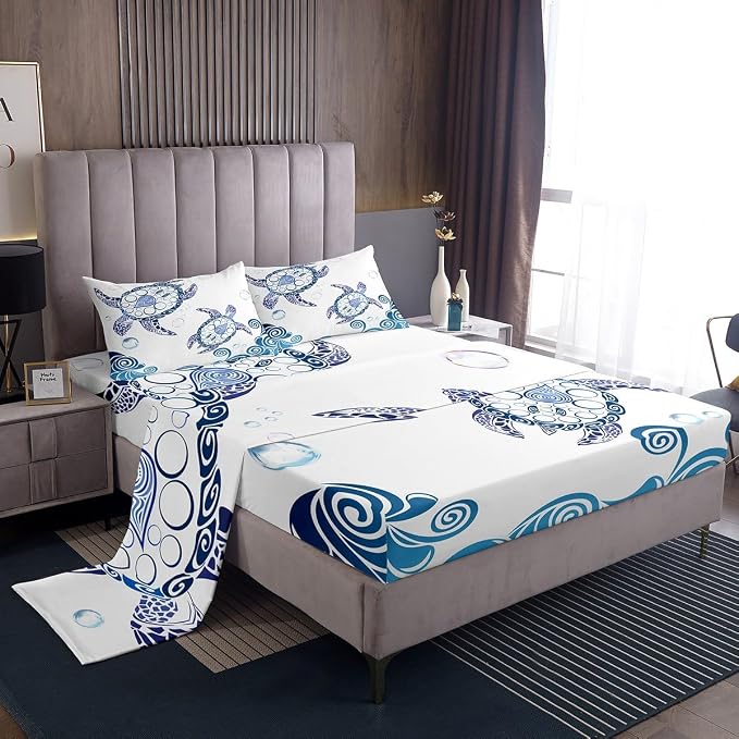 Turtle Bed Sheet Set,Ocean Animals Illustration Monochrome Sea Turtle Ocean Elements Sheets Set, Soft Decorative Fabric 4-Piece Bedding Set (Flat Sheet + Fitted Sheet + Pillow Shams) White Blue,Queen by Erosebridal
