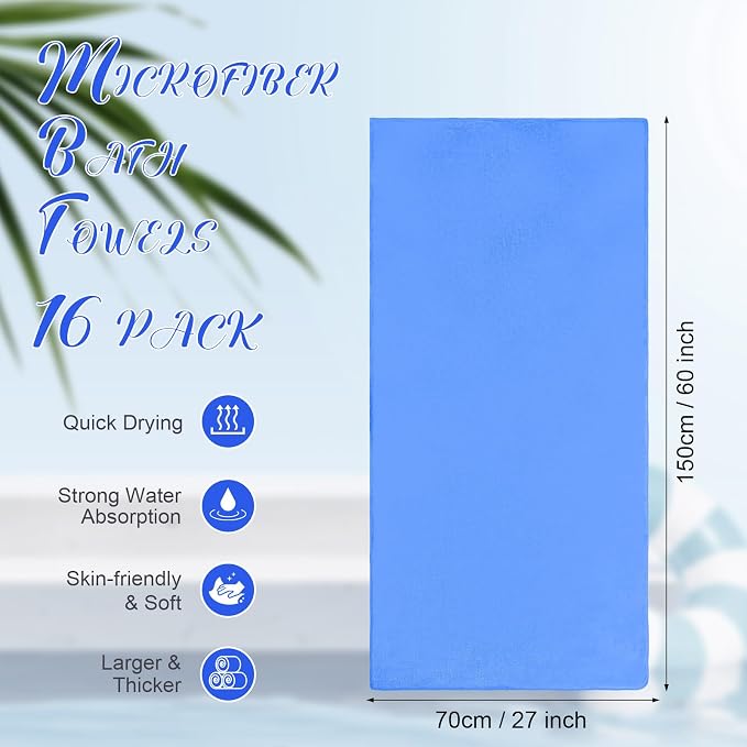 SmoothNovelty 16 Pack Microfiber Bath Towels Bulk 27'' x 60'' Oversized Beach Towel Highly Absorbent Extra Large Soft Drying for Shower Pool Salon Sauna Bathroom Gym Party (Simple,Royal Blue) - Image 2