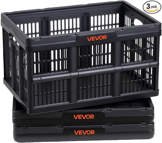 VEVOR Plastic Collapsible Storage Bins, 45L 3 Packs, Stackable Folding Storage Crates with Handles, Holds 33 lbs Per Bin, Foldable Heavy Duty Containers, Space-Saving Baskets, for Home Organizing by VEVOR