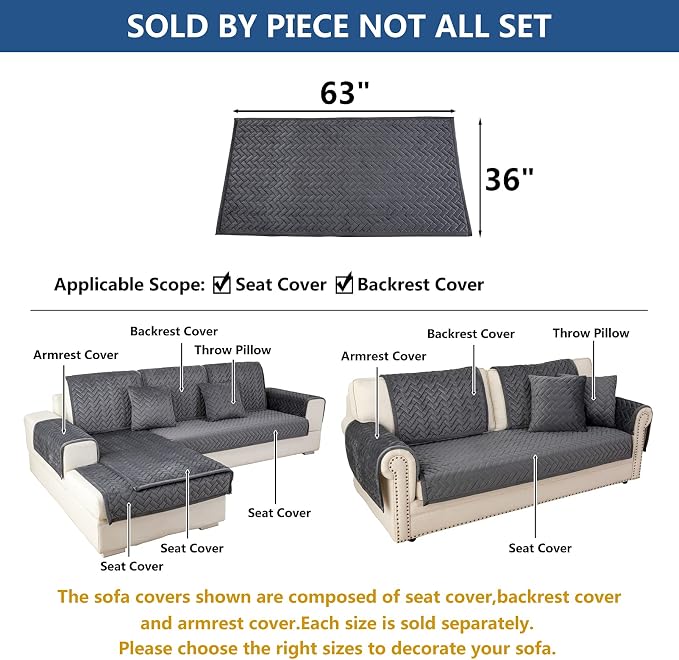 Eismodra Couch Cover,Sectional Couch Covers,Sofa Covers for 3 Cushion Couch,Anti-Slip Sofa Slipcovers for Dogs Cats Kids Loveseat Recliner L Shaped Armrest Backrest,Dark Gray 36''x63''(Only 1 Piece) - Image 5