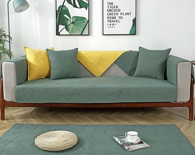 Solid Color Leaf Cotton Quilted Armrest Covers Backrest Covers Anti-Slip Soft Sofa Cover Armchair Slipcovers for Dogs Cats Pet (Green,28''x28'') - Image 2