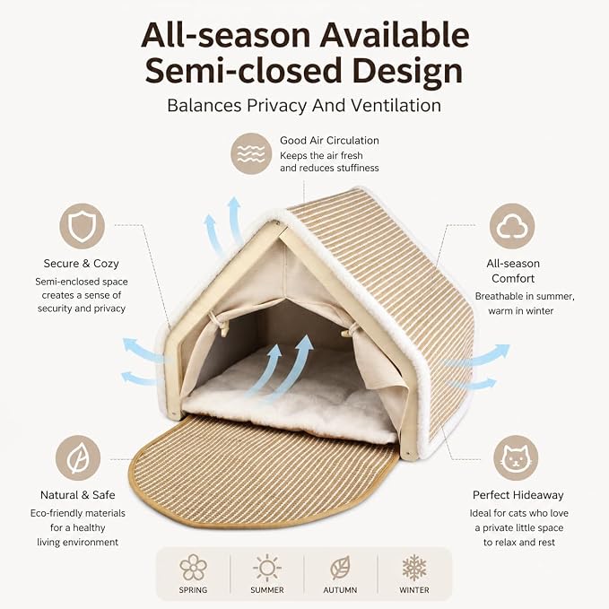 Large Wood Cat House for Indoor Cats - Cute Cat Tent Bed & Hideaway with Scratcher, Sturdy Wooden Cat Apartment & Fort for Sleeping and Playing - Image 4