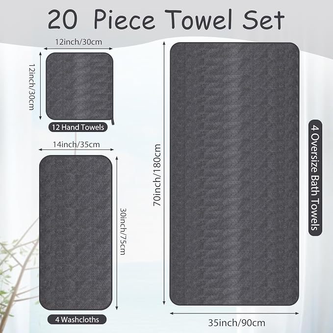 SmoothNovelty 20 Pack Microfiber Towels Bulk 4 Oversized Bath Towel 35 x 70 inch 4 Hand Cloth 12 Washcloth Large Soft Highly Absorbent for Beach Shower Bathroom Pool Salon Hotel(Dark Grey,Wheat) - Image 2