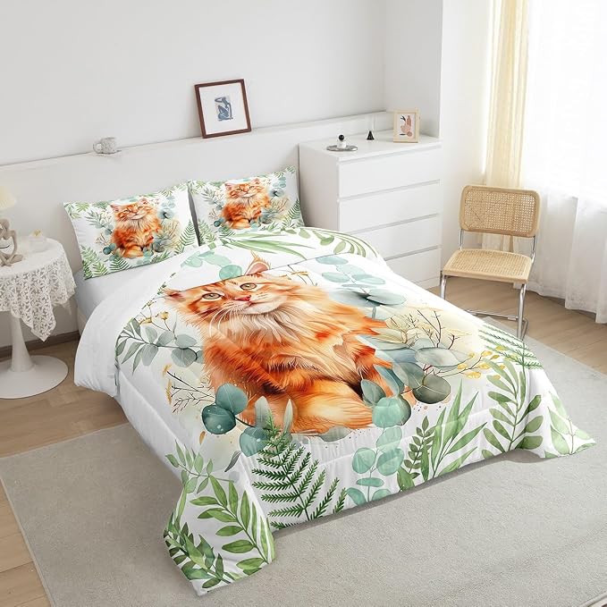 Manfei Watercolor Floral Flower Boys Girls Comforter Set Full Size,Kawaii Cat Duvet Set Teens Bedroom Decor,Cartoon Kitten Pet Theme Microfiber Soft Bedding - Image 4