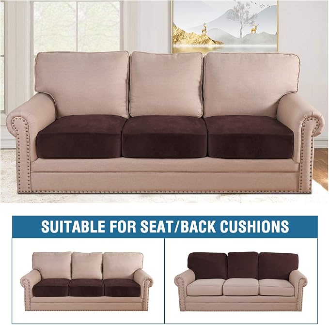 H.VERSAILTEX Velvet Stretch Couch Cushion Cover Plush Cushion Slipcover for Chair Loveseat Sofa Cushion Furniture Protector Seat Cushion Sofa Cover (3 Piece Sofa Cushion Covers, Brown) - Image 3