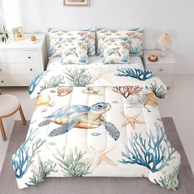 Erosebridal Cartoon Sea Turtle Comforter Set with Sheets Twin Size, Ocean Animal Tortoise Bed in A Bag, Underwater World Sea Animal 7 Pieces Bedding Set, Kawaii Starfish Bedding Comforter Sets - Image 3