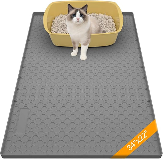 Silicone Large Cat Litter Mat 34" X 22", Cat Mat for Litter Box, Cats Litter Trapping Mats with Raised Edges, Non-Slip and Urine Waterproof Surface, Gray by BLESWIN