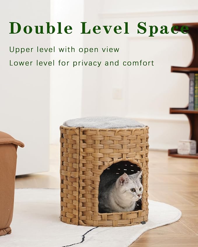 SETVSON Cat House for Indoor Cat, Small Handwoven PE Rattan Kitten Cave | Two-Tier Cozy Pet Nest with One Double-Sided Pad, Waterproof Handwoven PE Rattan Basket, Easy to Clean, 13x13x13.7 In - Image 2