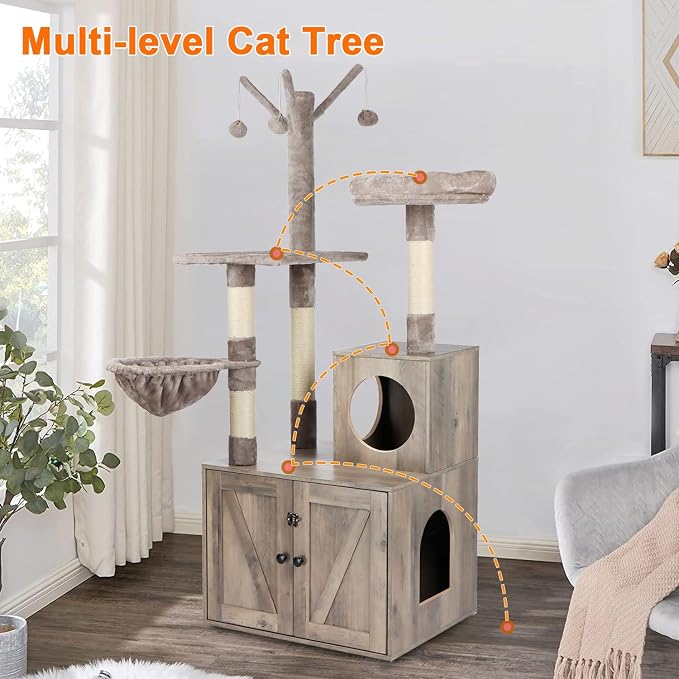 Timberer Litter Box Enclosure with Cat Tree, 2-in-1 Cat Tree Tower, Hidden Cat Litter Box Furniture with Scratching Post, Modern Cat Condo, Grey - Image 7