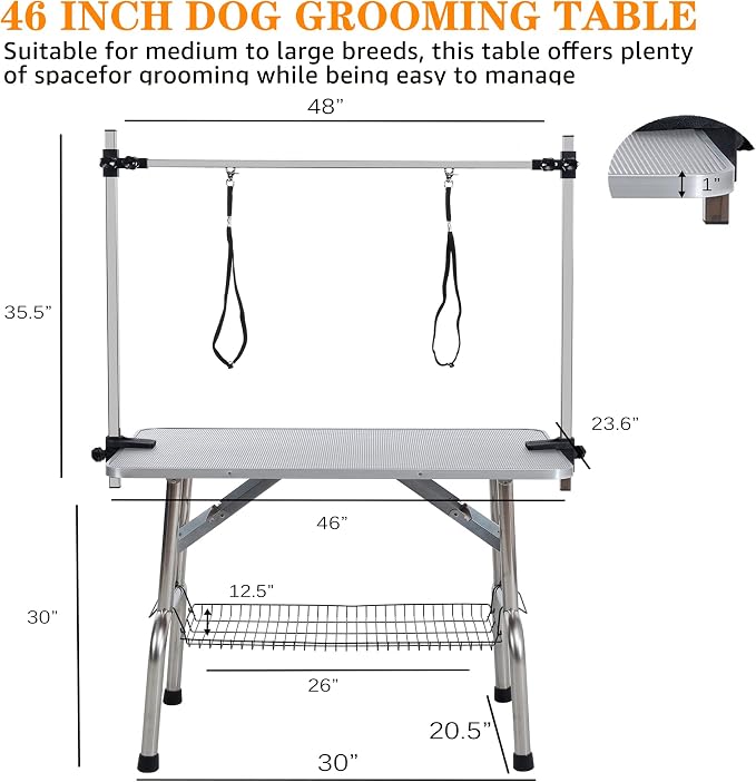 Professional Dog Pet Grooming Table Adjustable Heavy Duty Portable w/Arm & Noose & Mesh Tray (Grey, 46") - Image 5