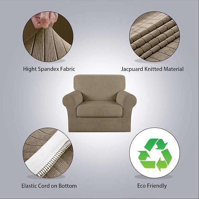 Armchair Cover Stretching Skid Resistance Couch Cover for Pets Washable, Thick and Durable Soft High Spandex Striped Pattern Sofa Covers, Form Fitted Chair Slipcover(Armchair, Khaki) - Image 2