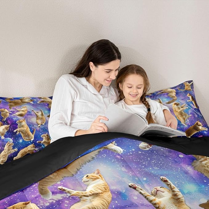 Feelyou Cats Comforter Set Galaxy Cute Cat Bedding Set for Kids Boys Girls University Planets Pet Cat Design Comforter Fun Lovely Animals Quilt Collection 3Pcs Queen Size Boys - Image 6