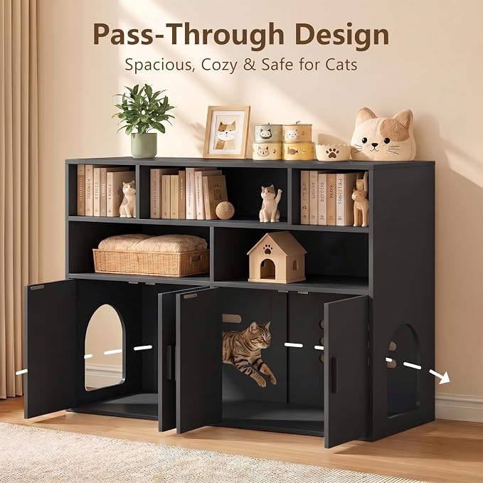 Amunrbrek Double Litter Box Enclosure, Hidden Cabinet with Storage, Black | Pass-Through Design Makes Cats Feel Safe - Image 5
