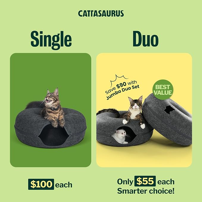 Cattasaurus Peekaboo Cat Cave Duo Jumbo Set, Extra Spacious Cat Donut for Multiple & Large Kitty 15+ lbs, Scratch Detachable Cat Beds for Indoor Cats, Washable Cat Tunnel Bed, Best Kitten Toys - Image 2
