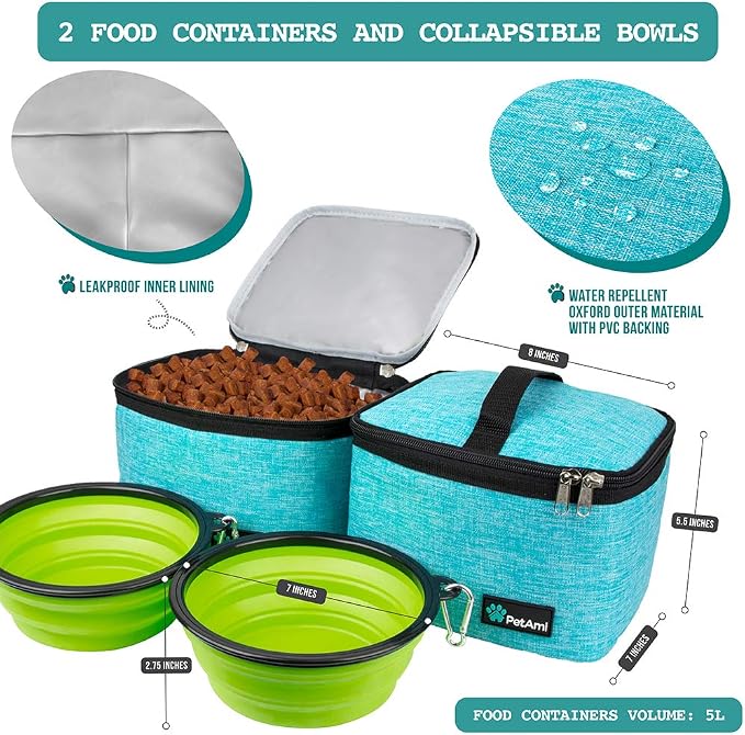 PetAmi Dog Travel Bag Organizer, Pet Travel Kit with 2 Food Containers & 2 Collapsible Dog Bowls, Pet Supplies Tote with Luggage Sleeve, Weekend Road Trip Camping Essentials, Teal Blue, Large - Image 3