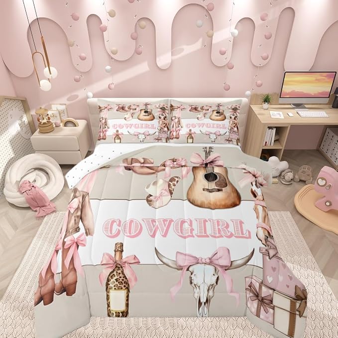 Manfei Pink Bowknot Cowgirl Comforter Set Twin Size,Retro Farmhouse Guitar Bedding Set for Kids Girls Boys Room Decor,Girly Bows Horse Soft Duvet Insert for All Season,1 Pillowcase,Beige Pink by Manfei