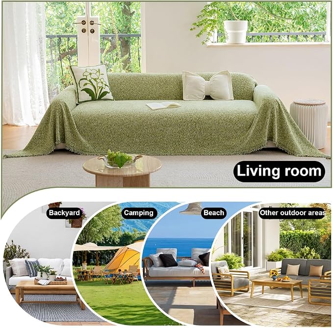 ROOMLIFE Green Sofa Cover, Vintage Boho Couch Cover for 3 Cushion Sofa, Soft Chenille Sofa Cover for Dog, Washable Furniture Sofa Protector Cover Blanket with Tassel for Living Room, 71 '' X 118'' - Image 5