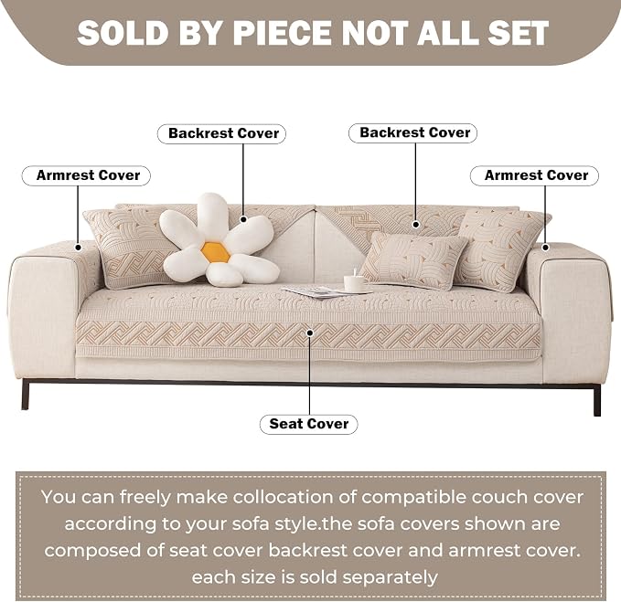 vctops Solid Color Cotton Quilted Sofa Couch Cover Weave Pattern Soft Sectional Couch Covers Embroidery Non-Slip Sofa Slipcover for Dogs, Children, Pets Furniture Protector (Khaki,28"x59") - Image 2