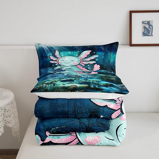 Manfei Kawaii Axolotl Comforter Set for Boys Girls,Cute Marine Life Ocean Animal Teal Blue All Season Cozy Bedding Set Full Size,Undersea World Coral Seaweed Duvet Set Bedroom Decor - Image 5