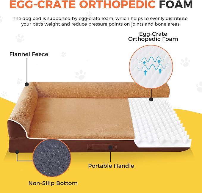 Dog Bed Large Sized Dogs, XL Orthopedic Dog Bed for Large Dogs, Waterproof Pet Bed with Washable Removable Cover, L-Shaped Pet Couch with Portable Handle 42"x30"x7.5", Brown - Image 2