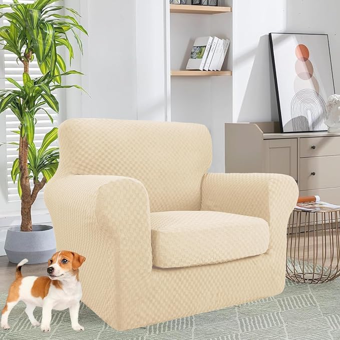 YEMYHOM Latest Checkered 2 Pieces Chair Covers for Living Room High Stretch Thickened Chair Slipcovers with Arms Anti Slip Elastic Armchair Sofa Couch Slipcover Protector (Beige), 31"-46"(1 Cushion) - Image 2