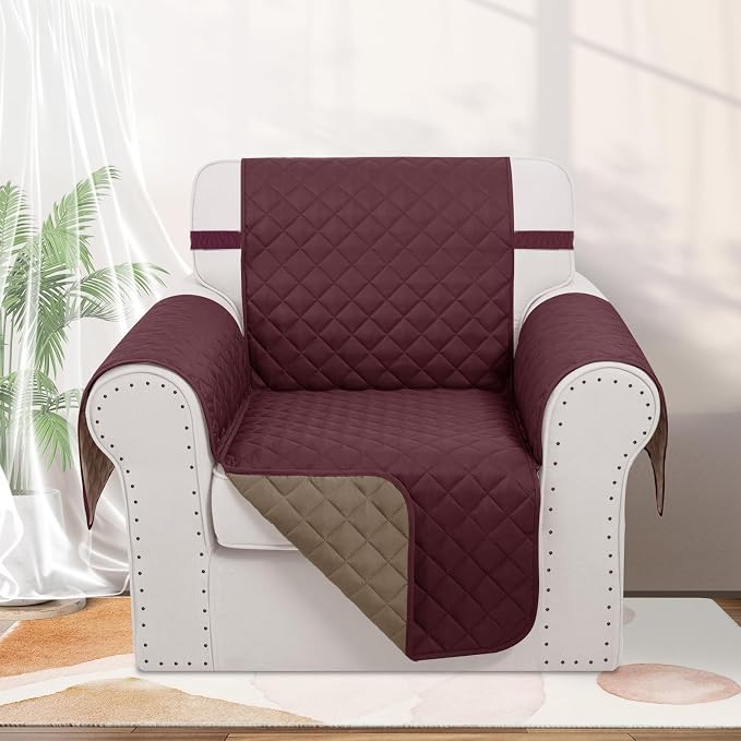 Reversible Recliner Chair Covers, 23" Chair, Burgundy/Camel | Chair Covers for Living Room with Elastic Straps, Water Repellent, Chair Protectors Covers for Dogs - Image 2