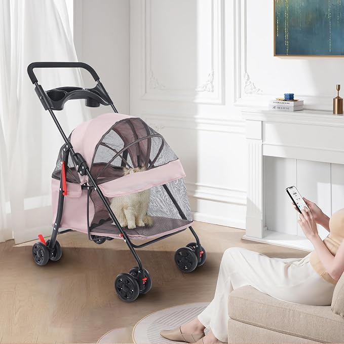 Dog Stroller with Casters, 40LBS Capacity Foldable Cat Pet Stroller with Storage Basket&Cup Holder, Foam Handle, Steel Frame for Small Medium Dogs Cats(Pink)