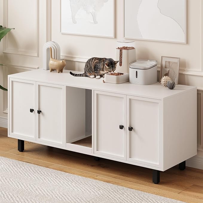 ONBRILL 59 Inches Cat Litter Box Enclosure for 2 Cats, Hidden Litter Boxes Furniture with Cat Scratch Pad, Large Indoor Pet House with Double Room, Wooden TV Stand Side Table, Off White - Image 3
