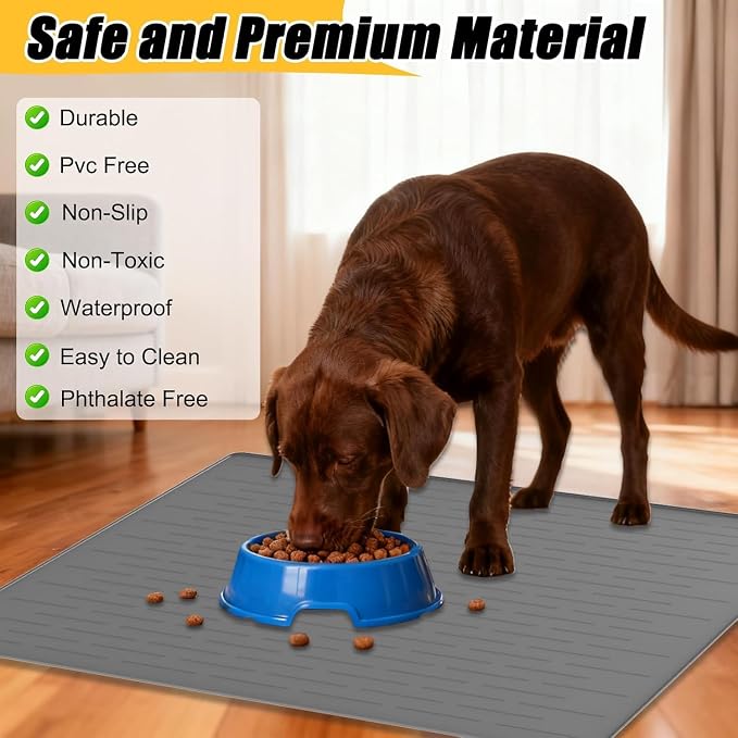 51.2"x25.6"(130cm×65cm) Largest Dog Food Mat, XXXXL Silicone Dog and Cat Mat for Food and Water Bowls, Thinken Waterproof Non-Slip XXXL Pet Feeding Mat for Floors, Light Gray - Image 4