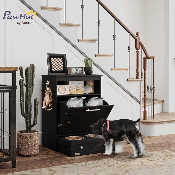 PawHut Dog Feeding Station with Raised Bowls, Pet Feeder Station, Black | Dog Food Storage Cabinet, Hanger for Feeding & Watering Supplies - Image 2