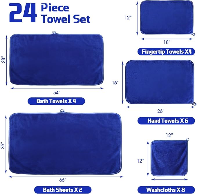 Mixweer 24 Piece Microfiber Absorbent Towel Set: 2 Oversized Bath Sheets, 4 Bath Towels, 6 Hand, 8 Washcloths, 4 Fingertip for Bathroom Spa Gym Camping Beach (Navy Blue) - Image 7