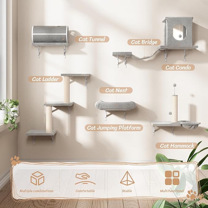 7-in-1 Cat Wall Shelves, Wall Mounted Climber Set | Cat Furniture with House, Tunnel, Bridge, Steps, Scratcher, Hammock, Shelves for Indoor, Gray - Image 2