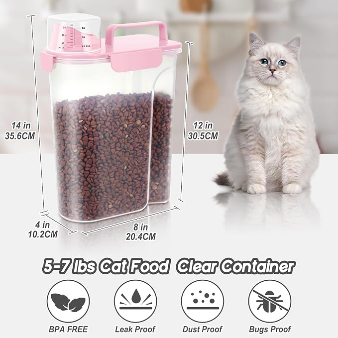 LEAWALK 5-7Lbs/6Qt Dog Cat Storage Container Portable with Upgraded Large Spout and Cup, Plastic Pet Food Dispenser for Small Animal Kibble, Bird Seed, Oatmeal, Rice, Flour, Brown Sugart- Light Pink - Image 2