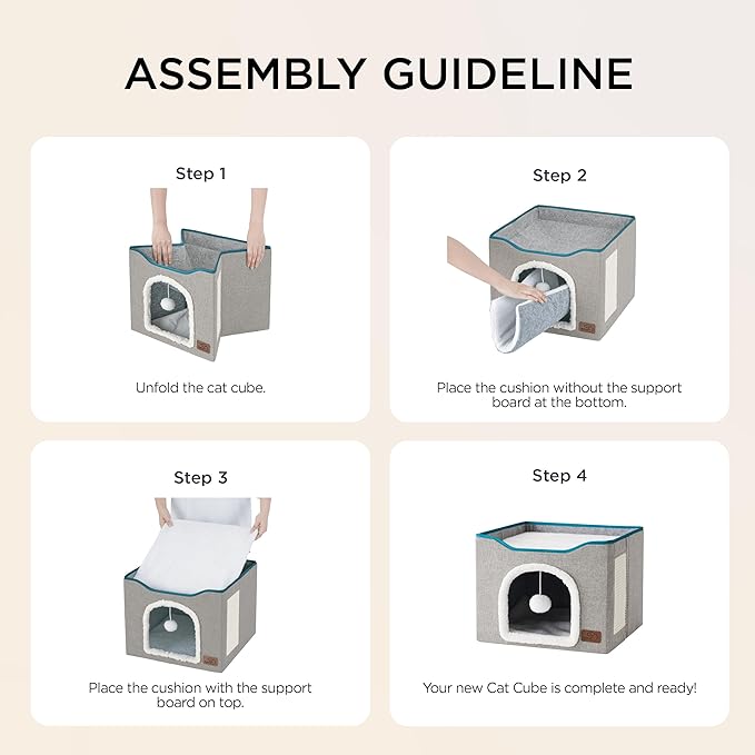Bedsure Cat House Bed for Indoor Cats with Fluffy Ball and Scratch Pad,Grey | 16.5x16.5x13 in,Large Cat Cave for Multiple Pets,Foldable Cat Hideway Cube for Sleeping Kitten - Image 8