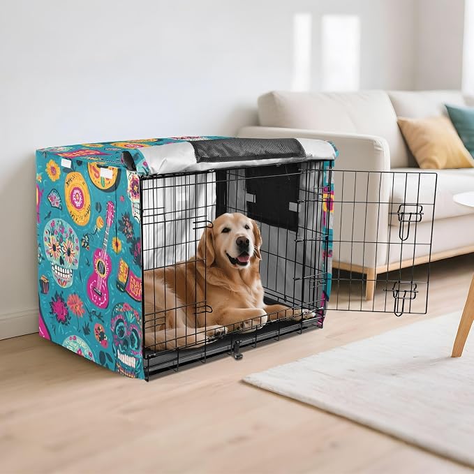 Dog Crate Cover Kennel Cover for Dog Cages Breathable for Wire Cage Indoor Outdoor Teal Fiesta Mexico Skulls Guitars - Image 6