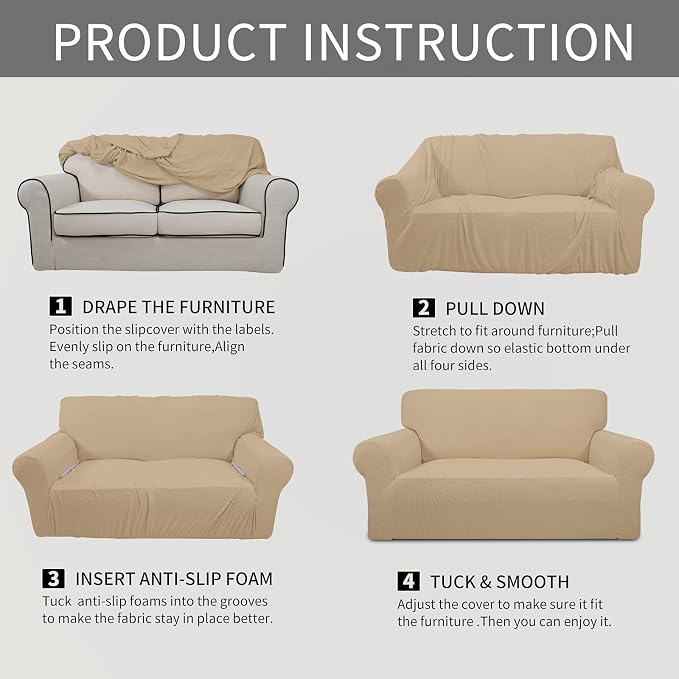 Easy-Going Stretch Loveseat Couch Covers Washable Sand | 1-Piece Loveseat Covers for 2 Cushion Couch Furniture Protector RV Sofa Slipcover Soft with Bottom for Kids Pets - Image 8