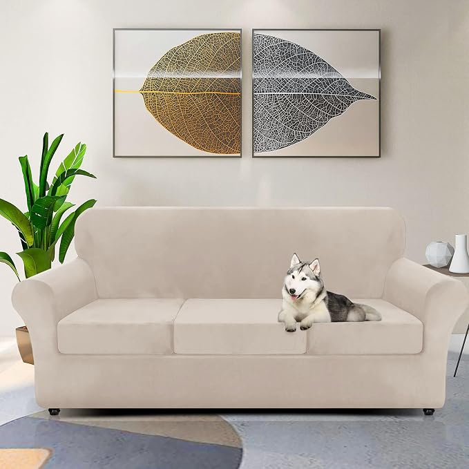 ZNSAYOTX Oversized Velvet Couch Cover 4 Piece (92"-115") Stretch Sofa Covers for 3 Cushion Couch Thick Soft XL-Slipcover with Non Slip Strap, Dog Pet Friendly Nice Furniture Protector (Khaki) - Image 2