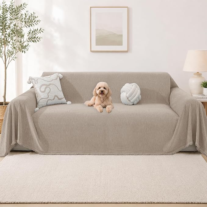 Chenille Couch Cover for Dogs, Boho Sofa Cover Washable Couch Cover, Loveseat Sofa Cover, Pet Throw Blankets for Couches with Tassel Furniture Protector Covers,71"×102",Khaki by YSTELLAA