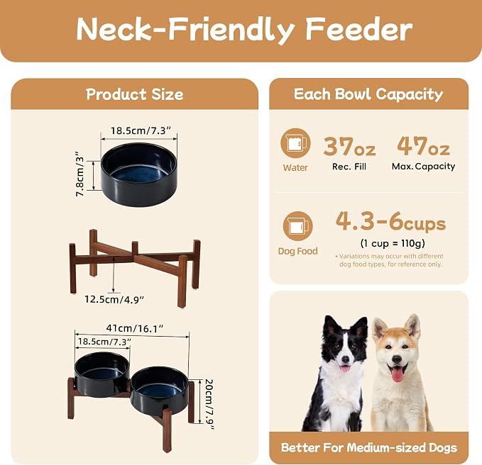 Havniva Elevated Dog Bowls, Ceramic Raised Dog Bowl with Stand | 7.3” Dog Food Bowls Elevated, Dog Food and Water Bowl Set, Non-Slip Acacia Wood Stand, Medium Dogs Bowl, 5 Cups 41 oz - Image 2