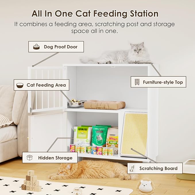 Dog Proof Cat Feeding Station, Metal Cat Feeding Cabinet, White | Elevated Cat Feeding Station, Pet Food Station with Storage, Cat Bowl Stand, Scratching Board, Stainless Steel Bowls - Image 3
