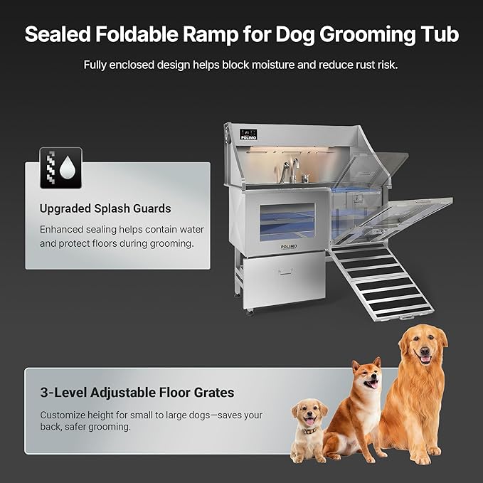 POLIMO Dog Washing Station with Built-in Pet Dryer and LED Display 50" (Right Ramp), 304 Stainless Steel Dog Bathtub for Large Medium Small Dogs, Wash and Dry Grooming Tub with Faucet, Storage Drawer - Image 5